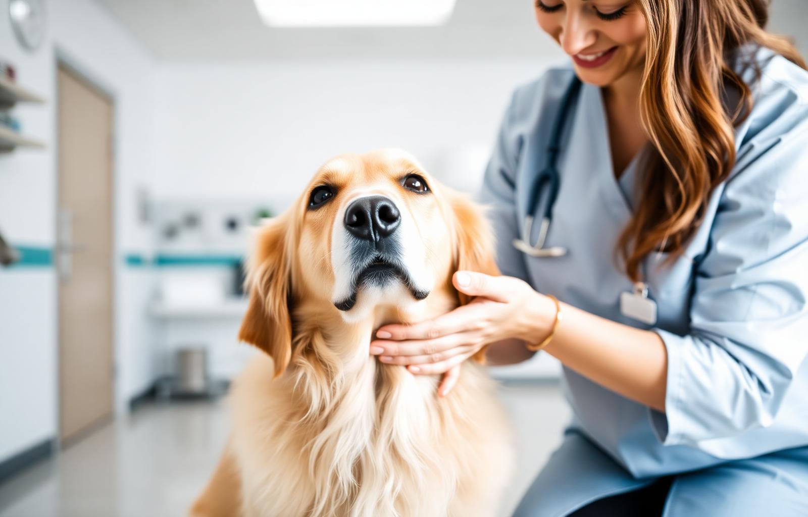 Veterinarian gently examining a calm golden retriever in a clinic